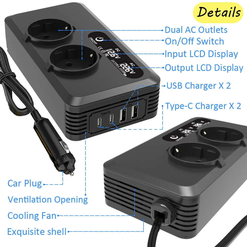 (image for) 200W Car Power Inverter 12V to 220V 110V Modified Wave Smart USB Fast Charger with LCD Display 2 USB Chargers 2 Type-C Chargers