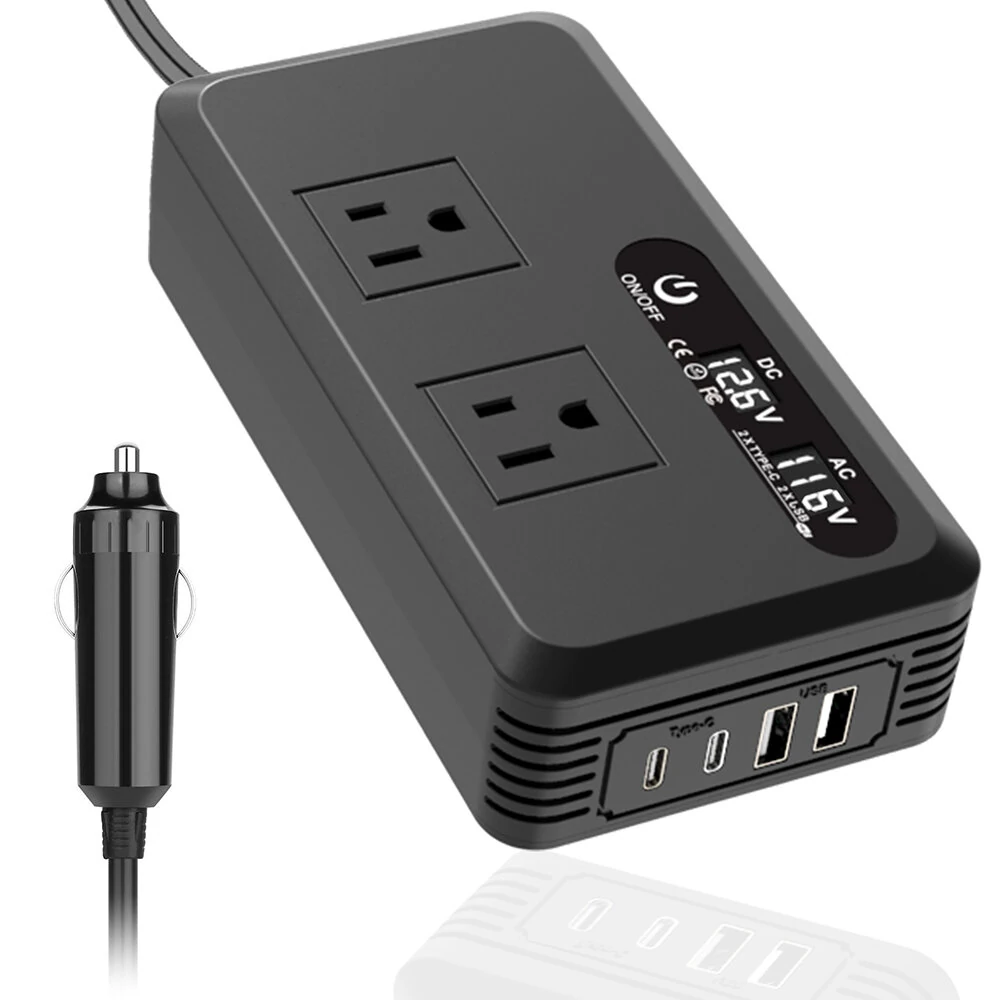 (image for) 200W Car Power Inverter 12V to 220V 110V Modified Wave Smart USB Fast Charger with LCD Display 2 USB Chargers 2 Type-C Chargers