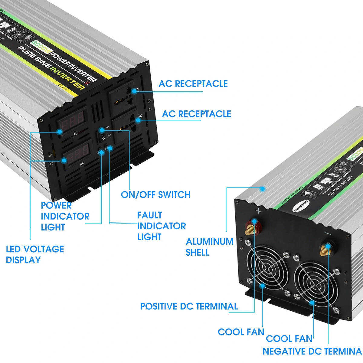(image for) AUTSOME 12V to 220V Converter Pure Sine Wave Power Inverter Dual LCD Digital Display 2 Sockets Multiple Protection Functions
