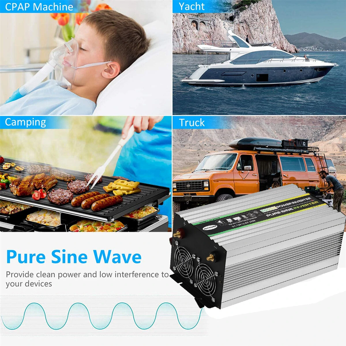 (image for) AUTSOME 12V to 220V Converter Pure Sine Wave Power Inverter Dual LCD Digital Display 2 Sockets Multiple Protection Functions